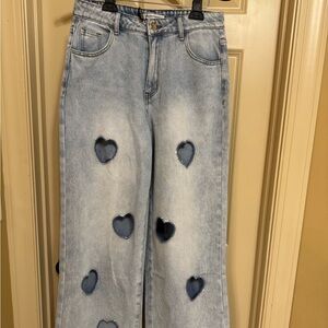 Rhinestone Heart Cutout Jeans